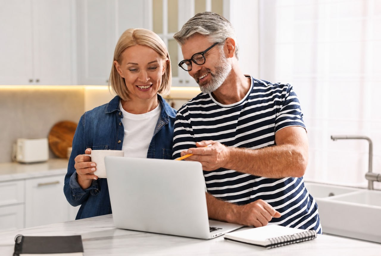 Un couple compare des achats sur un ordinateur portable